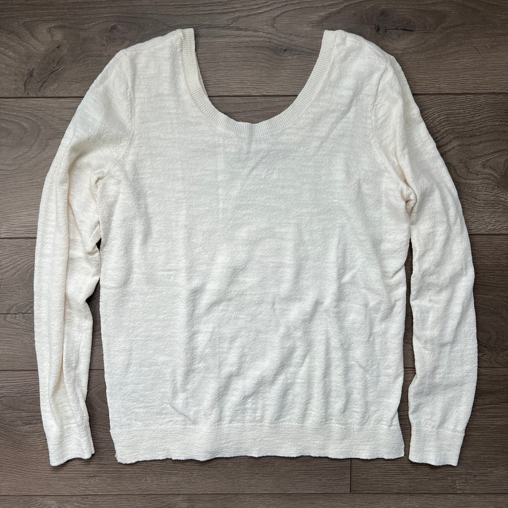 LOFT Size Medium Scoop Neck Long Sleeve Lightweight Cream Shirt Cotton Blend